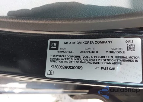 2013 Chevrolet Spark 1Lt Auto из США, поврежденный, VIN KL8CD6S99DC500929